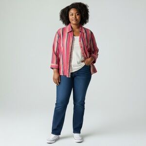 Vintage Y2K Company One Striped Button Down Shirt Textured Slub Cotton Pink 2X